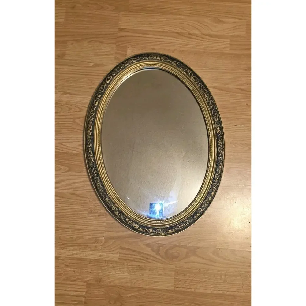 Vintage Antique Look Hamilton Framed Oval Mirror Black Silver Gold Gothic 23x17
